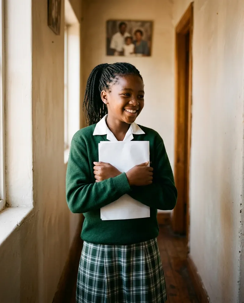 A girl in school uniform holding a report to her chest, grinning with pride