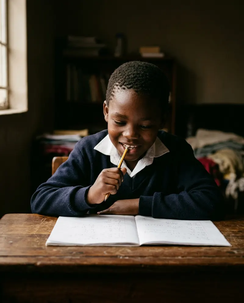 A boy chewing his pencil, thinking hard, just starting to smile