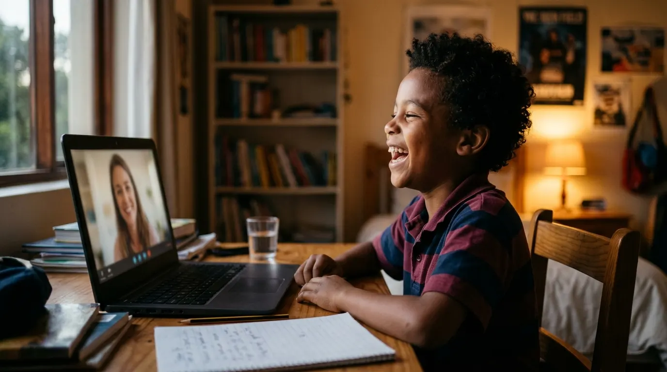 A boy laughing during an online lesson with his tutor