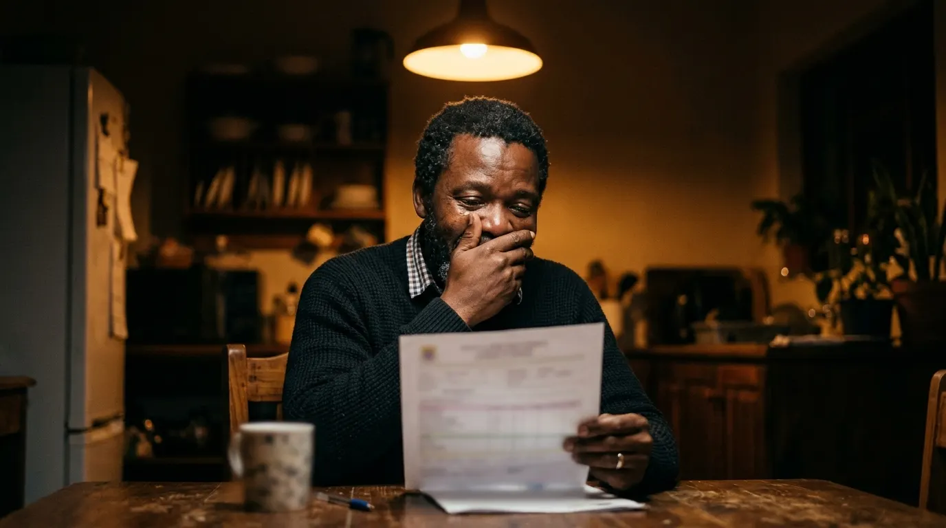 A father at the kitchen table at night reading a school report, hand over his mouth, moved