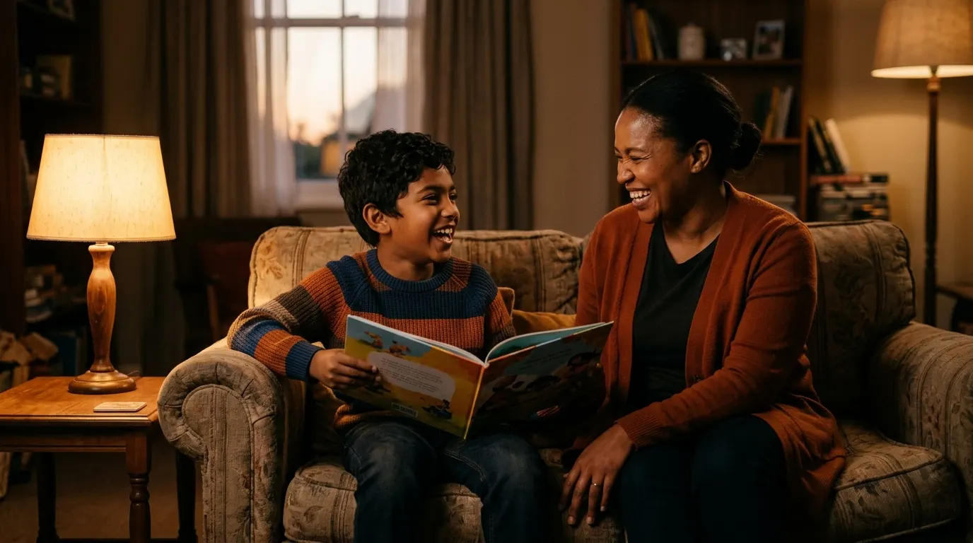 A boy reading aloud on the couch while his tutor laughs warmly beside him